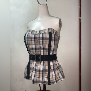 Dots Strapless Belted Plaid Peplum